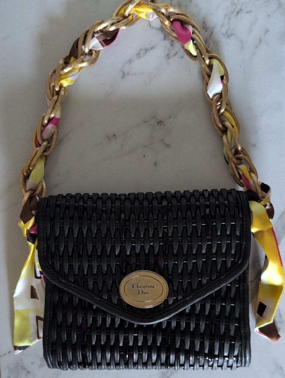 Dior Black Woven Shoulder Bag with Chain-Scarf Strap